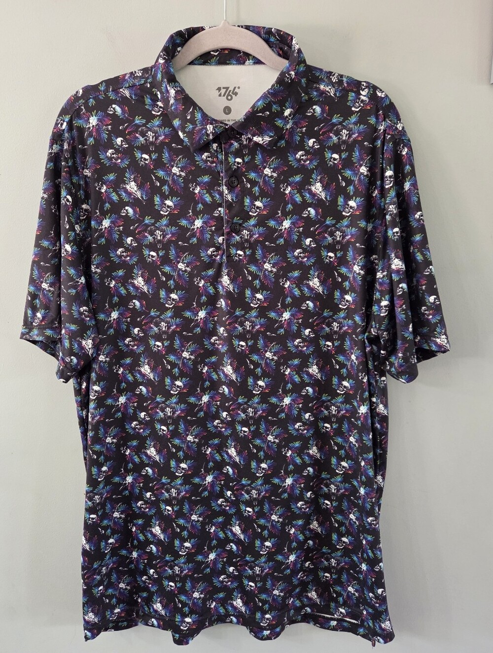 1764 Signature Polo Shirt Mens Black/Rainbow Leaves Skull Print Golf Size Large